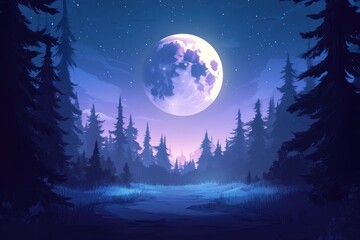 serene nighttime landscape featuring a large, luminous moon casting soft light over a tranquil forest path surrounded by tall pine trees and twinkling stars