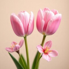 Naklejka premium pastel tulips and cherry blossoms with silky petals, professional macro photography on cream background