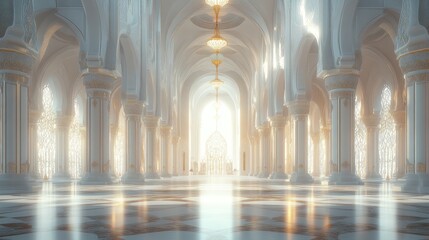 Grand architectural interior of a luminous hall with ornate details, showcasing light reflections