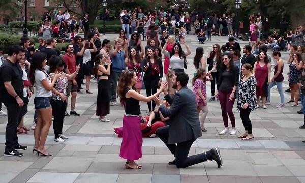 Couple dancing, proposal, college campus, crowd watching, celebratory event