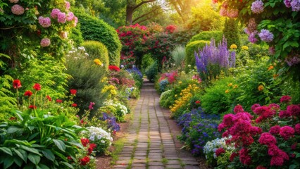 Tranquil garden path surrounded by vibrant flowers and lush greenery, lush garden, blooming flowers, steps, greenery
