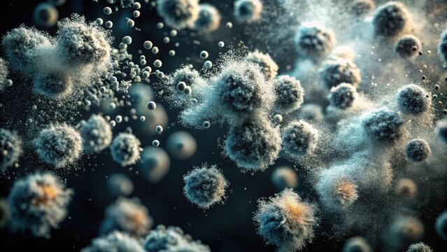 Closeup shot of black mold spores dispersing in the air ,  Mold, spores, black, growth, spreading, microscopic