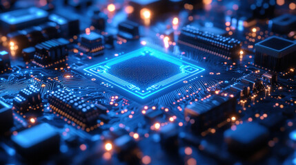 Fototapeta premium Glowing CPU on circuit board, technology background, close-up, for tech websites