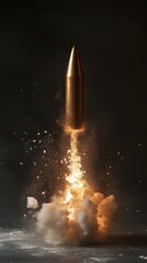 bullet launch with fiery explosion, dramatic impact and motion concept
