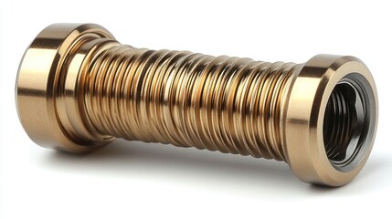 Gold metal bellows component on white. Industrial part photography for engineering catalogs