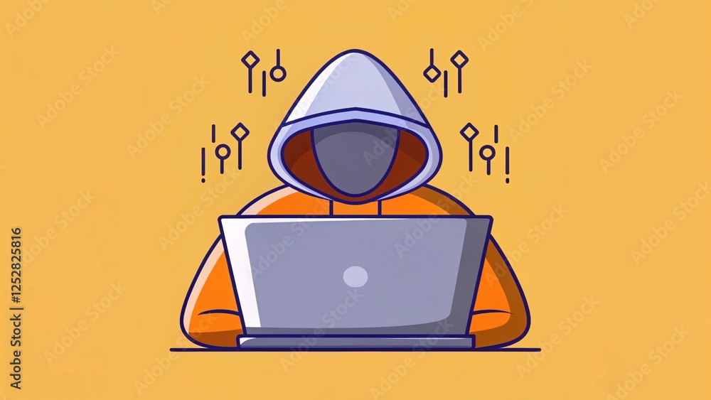 Poster hacker using laptop to access digital information in an open workspace orange hoodie digital art yel