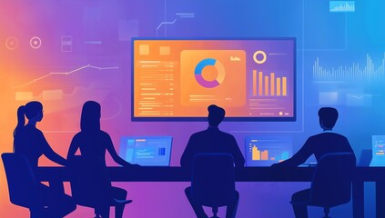 Vector Illustration of Business Professionals Analyzing Market Trends Amidst Exotic Office Ambiance. Generative AI