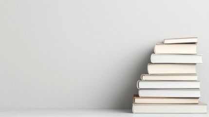 Stacked books on light gray wall