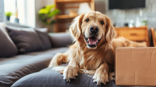 A happy dog snuggles the cardboard box, thrilled by its online store delivery, ready to discover the treats inside.