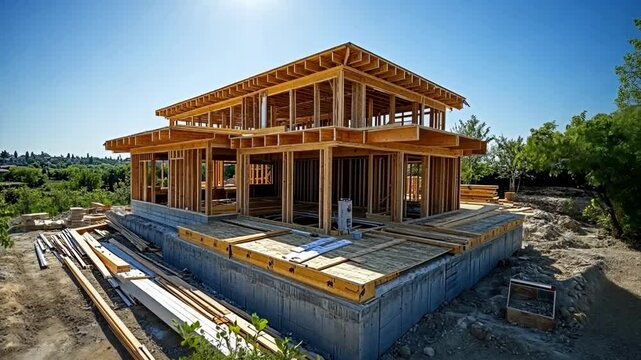 Construction of a modern sustainable house in a sunny location with wooden framing