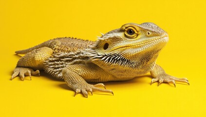 Fototapeta premium Close-up of a bearded dragon on yellow background.