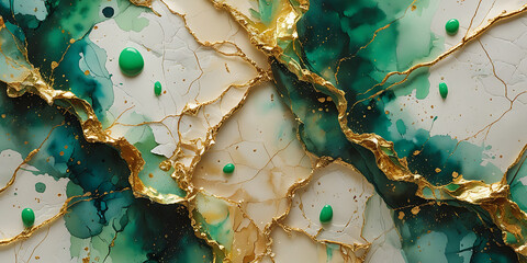 Fototapeta premium Golden green shiny veins and cracked marble texture background, created by generative AI