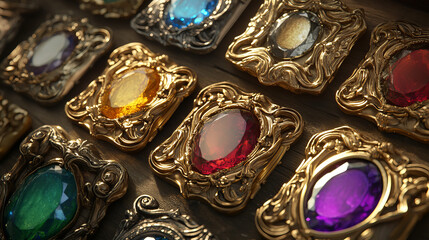 Medieval golden and silver frames decorated with colorful gemstones and iron curls. Symbol of royal rank or game level. Vector cartoon illustration set of vintage metal borders isolated on background