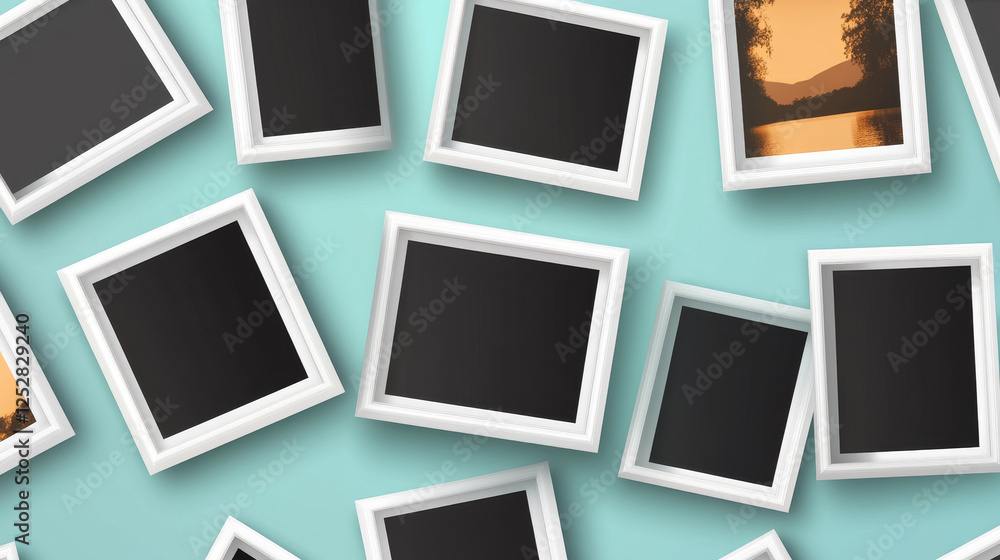 Poster images collage template with photo frames with sticky tape. album or gallery mockup with empty paper