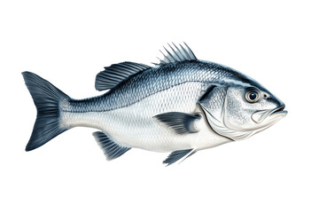 Fototapeta premium Silver sea bass fish isolated on white transparent background, showcasing its shiny scales and natural texture.