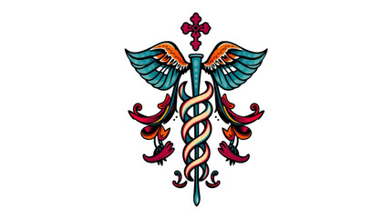 A symbolic traditional tattoo art print of a classic black and white medical doctor icon