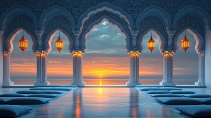 Serene sunset view from a beautifully designed archway overlooking the ocean at twilight