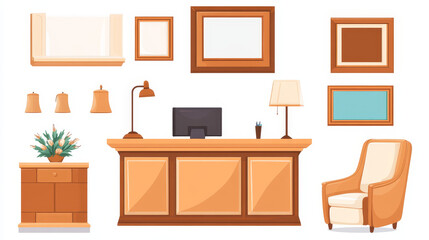 Hotel reception furniture set isolated on white background. Vector cartoon illustration of wooden desk, computer display, lamp, bell, armchair, luxury framed picture and bunch of flowers in vase