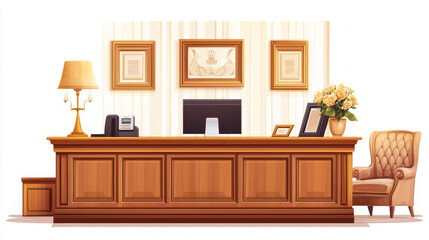 Hotel reception furniture set isolated on white background. Vector cartoon illustration of wooden desk, computer display, lamp, bell, armchair, luxury framed picture and bunch of flowers in vase