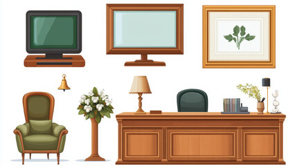 Hotel reception furniture set isolated on white background. Vector cartoon illustration of wooden desk, computer display, lamp, bell, armchair, luxury framed picture and bunch of flowers in vase