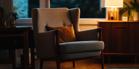 An elegantly designed chair invites relaxation, serving as a cozy spot for evening reflection and comfort.
