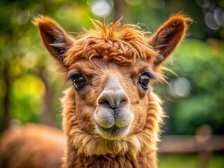 Fototapeta premium Adorable Brown Alpaca Portrait: Close-Up Macro Shot at Contact Zoo