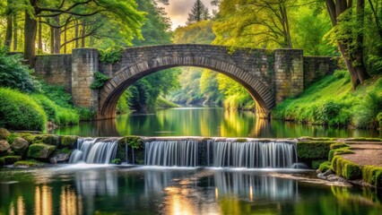 Fototapeta premium Stone bridge over calm river with waterfall, surrounded by lush trees , stone bridge, calm river, waterfall, trees