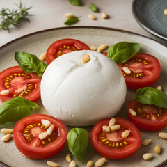 Delicious burrata cheese served with fresh tomatoes, basil, and pine nuts on a stylish plate.