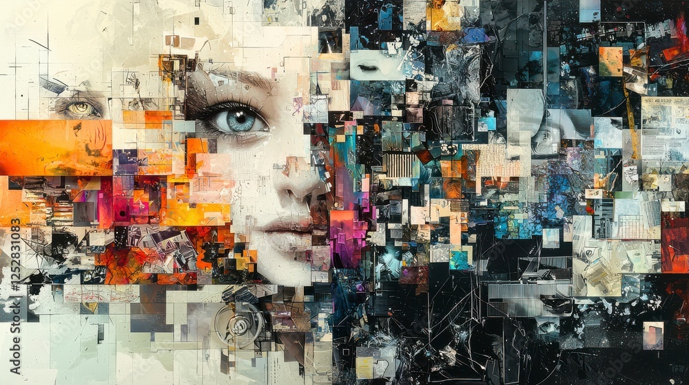 Poster abstract art representation of a woman’s face merged with colorful textures and geometric patterns i