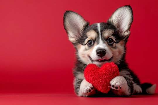 Cute swedish vallhund doggy with fluffy red heart - sign of love, funny greeting card. Digital ads graphic design. Swedish vallhund - my preferred dog. Valentine's puppies photoshoot.