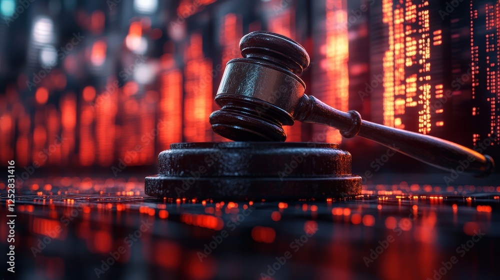 Poster a close-up of a wooden gavel resting on a dark surface, with a digital backdrop of glowing red data 