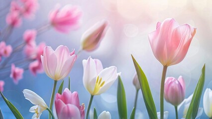 Pastel-Colored Gentle Background with Spring Flowers, Free Copy Space, Serene and Calm Aesthetic