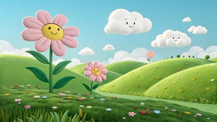 Fototapeta premium Whimsical Landscape with Smiling Flowers and Cheerful Clouds