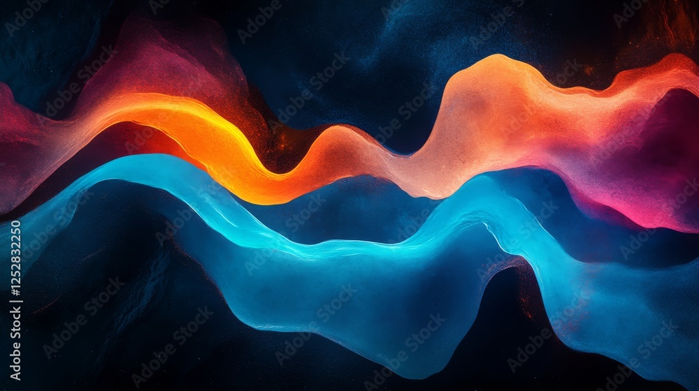 Poster abstract fluid art with vibrant wave patterns in blue and orange, dynamic movement concept