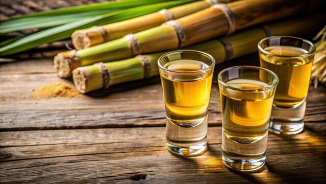 Two shot glasses of Brazilian gold cachaca with sugar and sugarcane on rustic wooden background ,  Brazil, cachaca, alcohol
