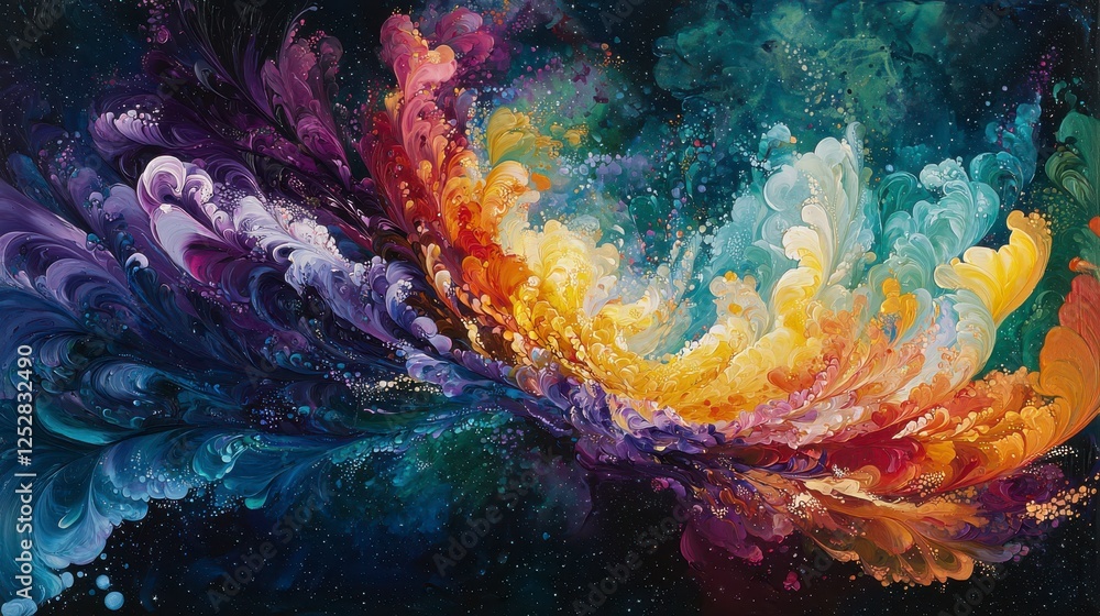 Poster vibrant swirling abstract art with colorful waves and dynamic motion in a cosmic background