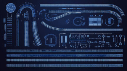 Train track, straight and turn railway in top and perspective view. Vector realistic set of tram line, road for locomotive and wagons with rails, fastening and concrete ties