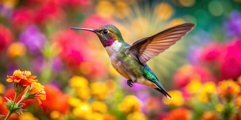 Fototapeta premium Vibrant hummingbird flying among colorful flowers, hummingbird, mid-flight, vibrant, flowers, nature, elegant, beauty, wings
