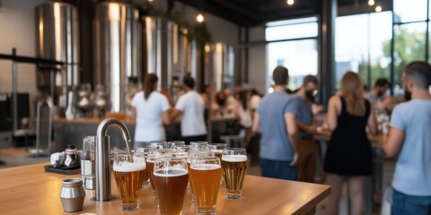 A bustling brewery atmosphere with craft beers served, where friends gather and enjoy life together.