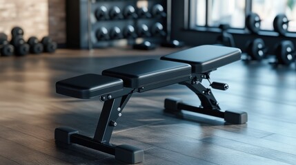 Fototapeta premium A black adjustable weight bench sits in a modern gym. Dumbbells are in the background, suggesting a workout environment. The bench is clean and well-maintained