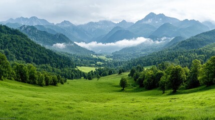 Obraz premium Lush valley with mountains and clouds, serene landscape, nature, travel