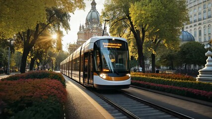 A modern tram traverses lively streets adorned with colorful blooms, set against the backdrop of magnificent historical buildings. The golden hour casts a warm glow over the scene. - Powered by Adobe