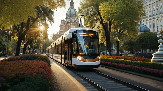 A modern tram traverses lively streets adorned with colorful blooms, set against the backdrop of magnificent historical buildings. The golden hour casts a warm glow over the scene.