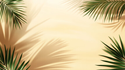 Sunlit tropical palm leaf shadows on golden sand, evoking a serene beach atmosphere, perfect for summer, vacation themes, and natural aesthetics.







