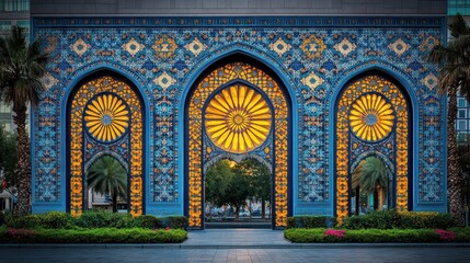 Vibrant architectural fa?ade featuring intricate patterns and illuminated sun motifs in a serene garden