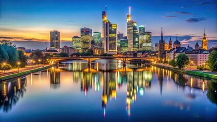 Naklejka premium Nighttime panoramic view of Frankfurt skyline with illuminated buildings and reflections in the river, Frankfurt