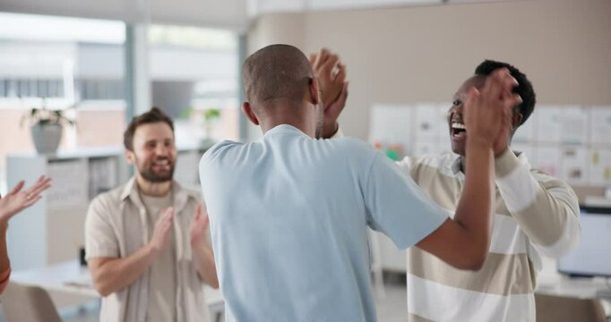 Business people, playing and team building with trust fall for support or coordination at office. Group, employees or game with applause or high five for communication, collaboration or work exercise