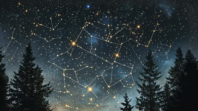 Beneath a starlit sky, constellations glitter brightly as they weave stories of ancient mythology. The silhouettes of tall trees frame this beautiful cosmic display, inviting wonder.