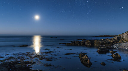 Fototapeta premium Sea landscape with full moon, stars and clouds in sky at night. Vector cartoon illustration of midnight scene with ocean or lake with moonlight reflection in water surface
