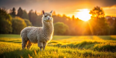 Fototapeta premium Adorable Dwarf Alpaca in Sunset Meadow - Fluffy Animal Stock Photo